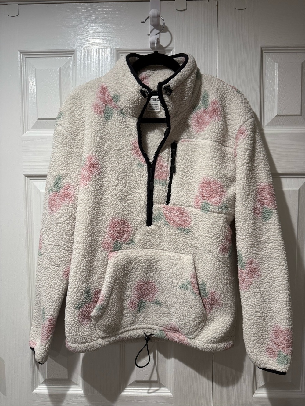 PINK Victoria's Secret Cream Sherpa Pullover with Pink Floral Print